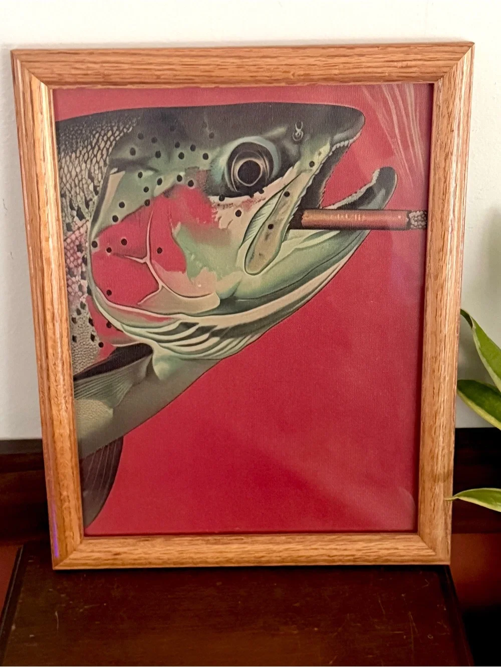 Trout Fish Smoking a Cigarette Vintage Style Canvas Wall Art Print Wood Framed